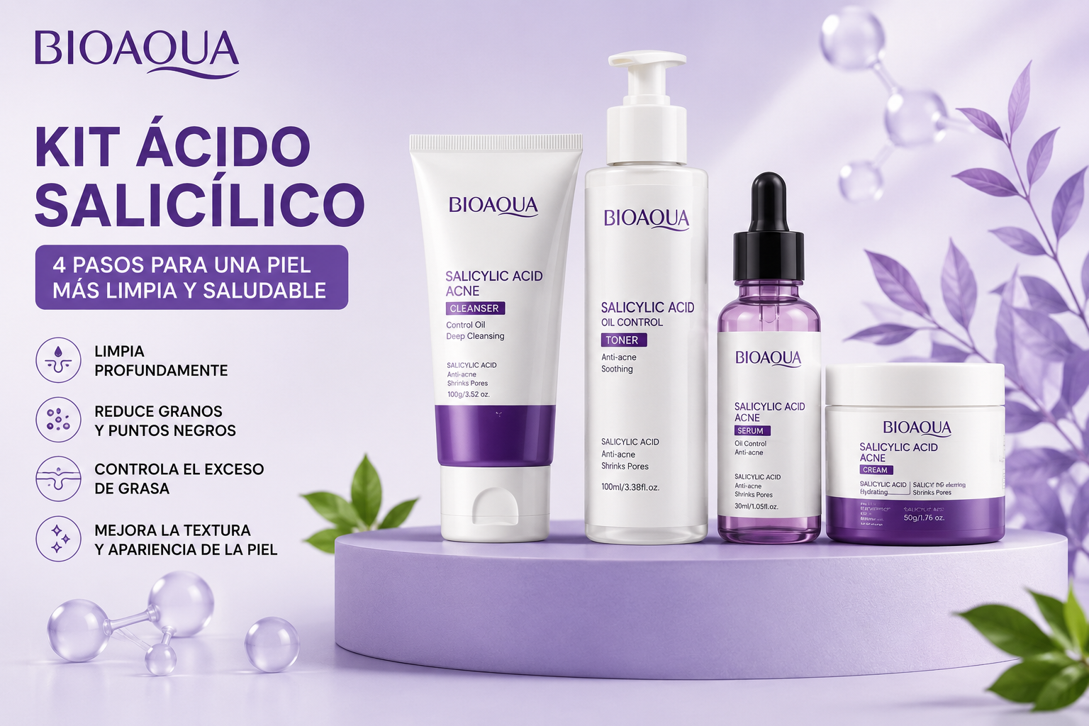 Kit Facial Ácido Salicílico BIOAQUA 4 Pasos – Piel con Acné